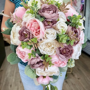 Dusty Rose Wedding Bouquet: Cascading Blush Cream Roses, Ranunculus