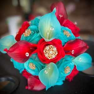 Luxury Gold Turquoise Red Wedding Bouquet, Glamorous Gold Burgundy Teal Bridal Bouquet, Quinceanera Roses Bling Lilies Jewelry Bouquet