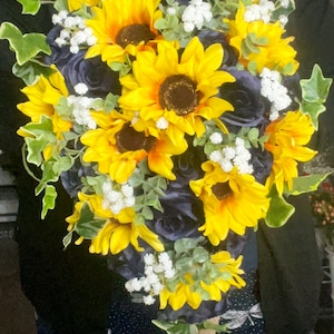 Cascading Sunflower Bridal Bouquet, Sunflower Navy Wedding Bouquet, Yellow Navy Bouquet, Navy Sunflower Corner Arch Arrangement, Arbor Décor