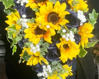 Cascading Sunflower Bridal Bouquet: Navy Wedding Arbor Decor