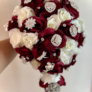 Elegant Burgundy White Bridal Bouquet, Luxury Wine Silver Wedding Bouquet, Fancy Burgundy Silver Bouquet, Bling Jewelry Cascading Bouquet