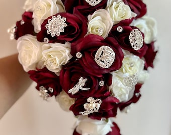 Burgundy & White Rose Bridal Bouquet: Silver Bling Jewelry Cascade