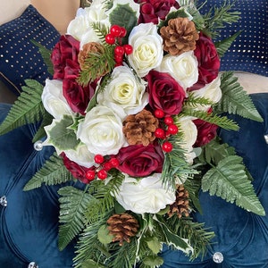 Cascading Christmas Theme Wedding Bouquet, Teardrop Rose Pinecone Bridal Bouquet, Red White Bouquet, Evergreen Burgundy Red Berries Bouquet