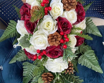 Cascading Christmas Theme Wedding Bouquet, Teardrop Rose Pinecone Bridal Bouquet, Red White Bouquet, Evergreen Burgundy Red Berries Bouquet