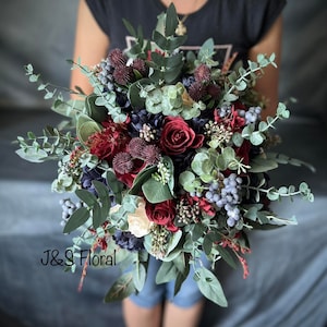 Boho Burgundy Wedding Bouquet: Rustic Roses, Berries, Eucalyptus