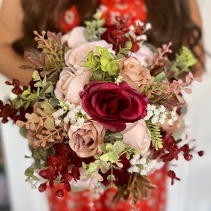 Burgundy Rose Gold Wedding Bouquet: Blush Rustic Bridal Flowers