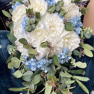 White & Dusty Blue Cascading Wedding Bouquet: Peonies Hydrangeas