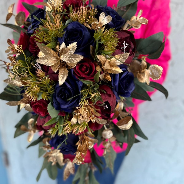 Boho Dramatic Cascading Navy Burgundy Gold Bridal Bouquet, Garden Teardrop  Maroon Blue Gold Wedding Bouquet, Rustic wild flowers Bouquet