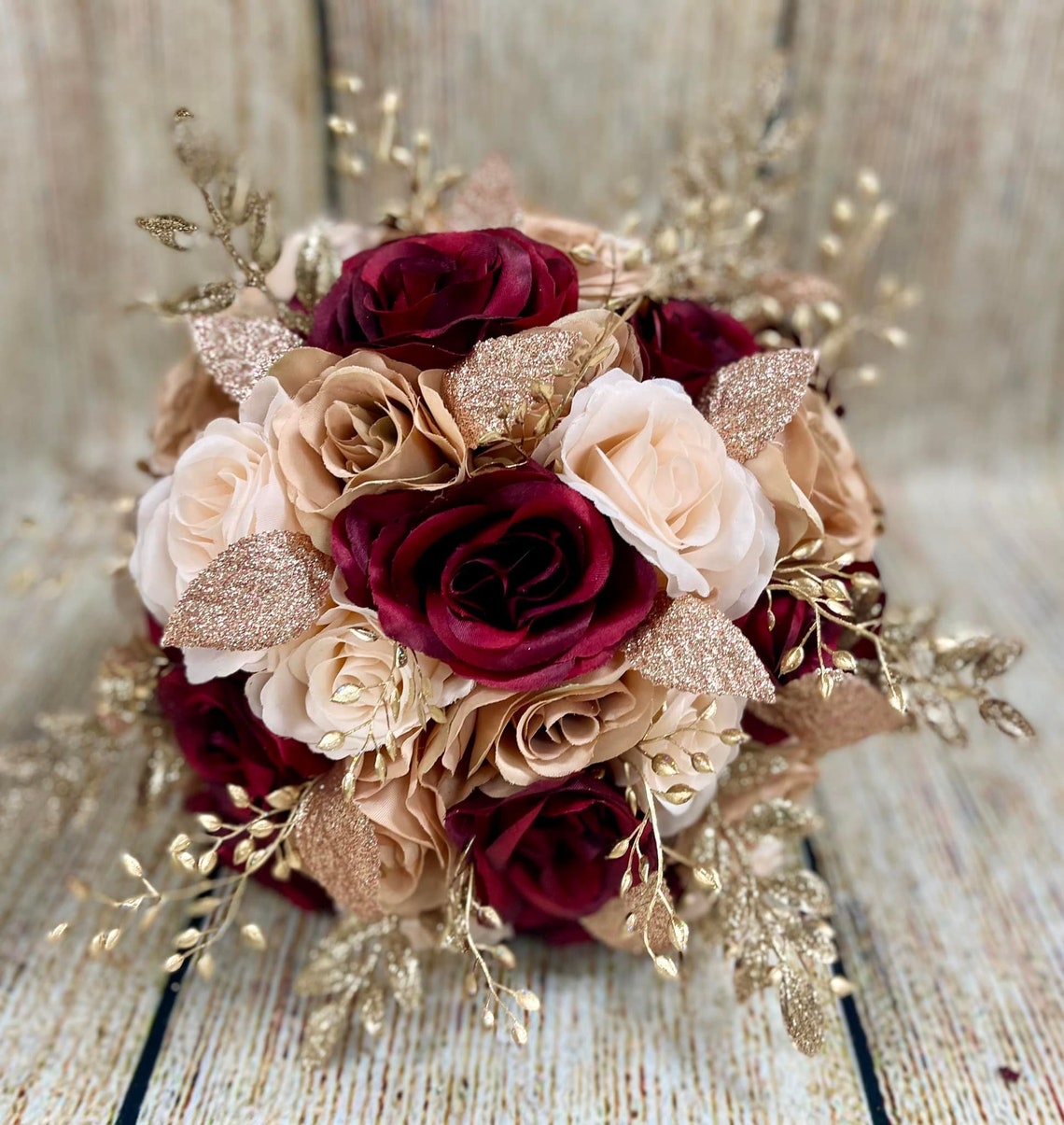 Glamorous Rose Gold Burgundy Blush Wedding Bouquet Gold image 1