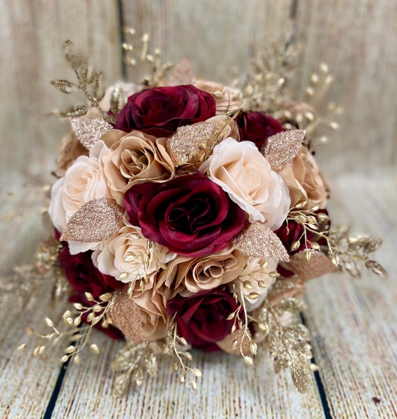 Glamorous Rose Gold Burgundy Blush Wedding Bouquet, Gold Maroon Pink Bridal  Bouquet, Roses Gold Leaves Bouquet, Quinceanera Bouquet 