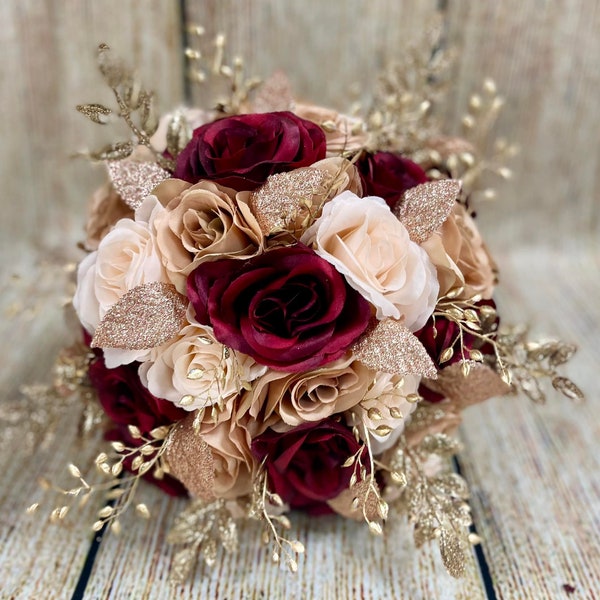 Glamorous Rose Gold Burgundy Blush Wedding Bouquet, Gold Maroon Pink Bridal Bouquet, Roses Gold Leaves Bouquet, Quinceanera Bouquet