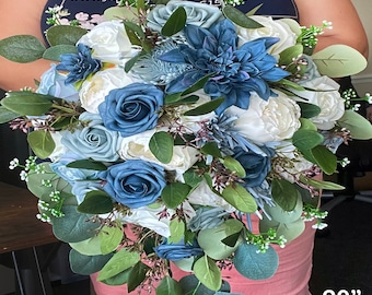 Dusty Blue Cascading Wedding Bouquet: Silk Wildflower Eucalyptus