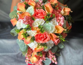 Coral Roses Cascading Wedding Bouquet, Mint Green Teardrop Bridal Bouquet