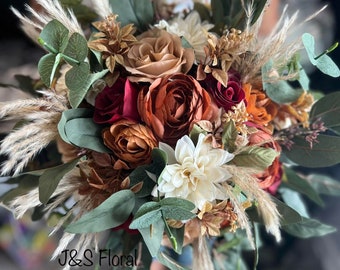 Fall Boho Wedding Bouquet: Terracotta, Burgundy, and Pampas Grass