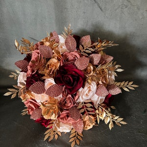 Glamorous RoseGold Burgundy Dusty Rose Blush Wedding Bouquet, Gold Maroon Pink Bridal Bouquet, Elegant Bling Bouquet, Quinceanera Bouquet