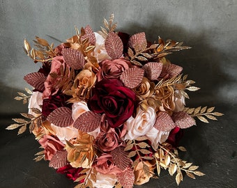 Rose Gold Burgundy Wedding Bouquet: Elegant Silk Flower Bridal Bouquet