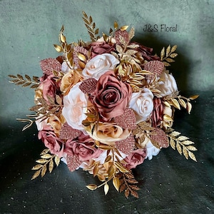 Glamorous Rose Gold Blush Dusty Rose Wedding Bouquet, Gold Pink Mauve Bridal Bouquet, Roses Gold Leaves Bouquet, Quinceanera Bouquet