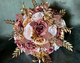 Rose Gold Wedding Bouquet, Blush Dusty Rose, Gold Leaves, Quinceanera