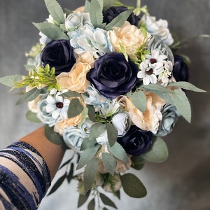 Dusty Blue Wedding Bouquet: Ivory, Navy, and Light Blue Roses