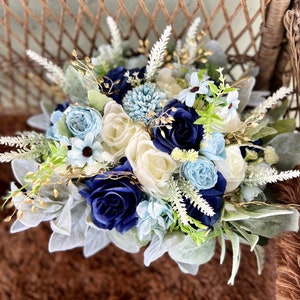 Dusty Blue White Wedding Bouquet, Light Blue Cream Bridal Bouquet, Gray Navy Blue Gold Rustic Bouquet, Lamb’s Ear Bouquet