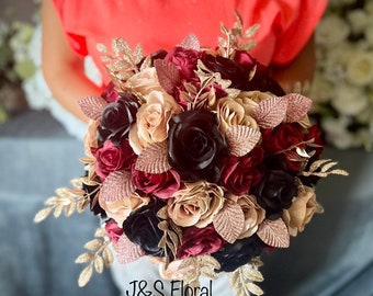 Rose Gold Burgundy Wedding Bouquet: Glamorous Bridal Roses & Gold Leaves