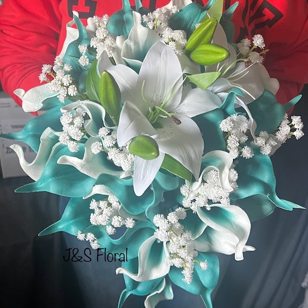 Cascading Teal Turquoise White Bridal Bouquet, Teardrop Mailblue Aqua Wedding Bouquet, Blue Green Cyan Peacock Bouquet, Quince Prom Bouquet