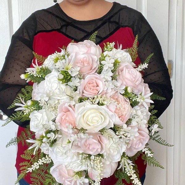 Blush White Wedding Bouquet, Cascading Pink Cream Bridal Bouquet, Roses Teardrop Bouquet, Stunning Long Bouquet, Romantic Bouquet