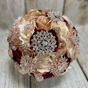 Rose Gold Burgundy Wedding Bouquet: Elegant Bling Bridal Roses