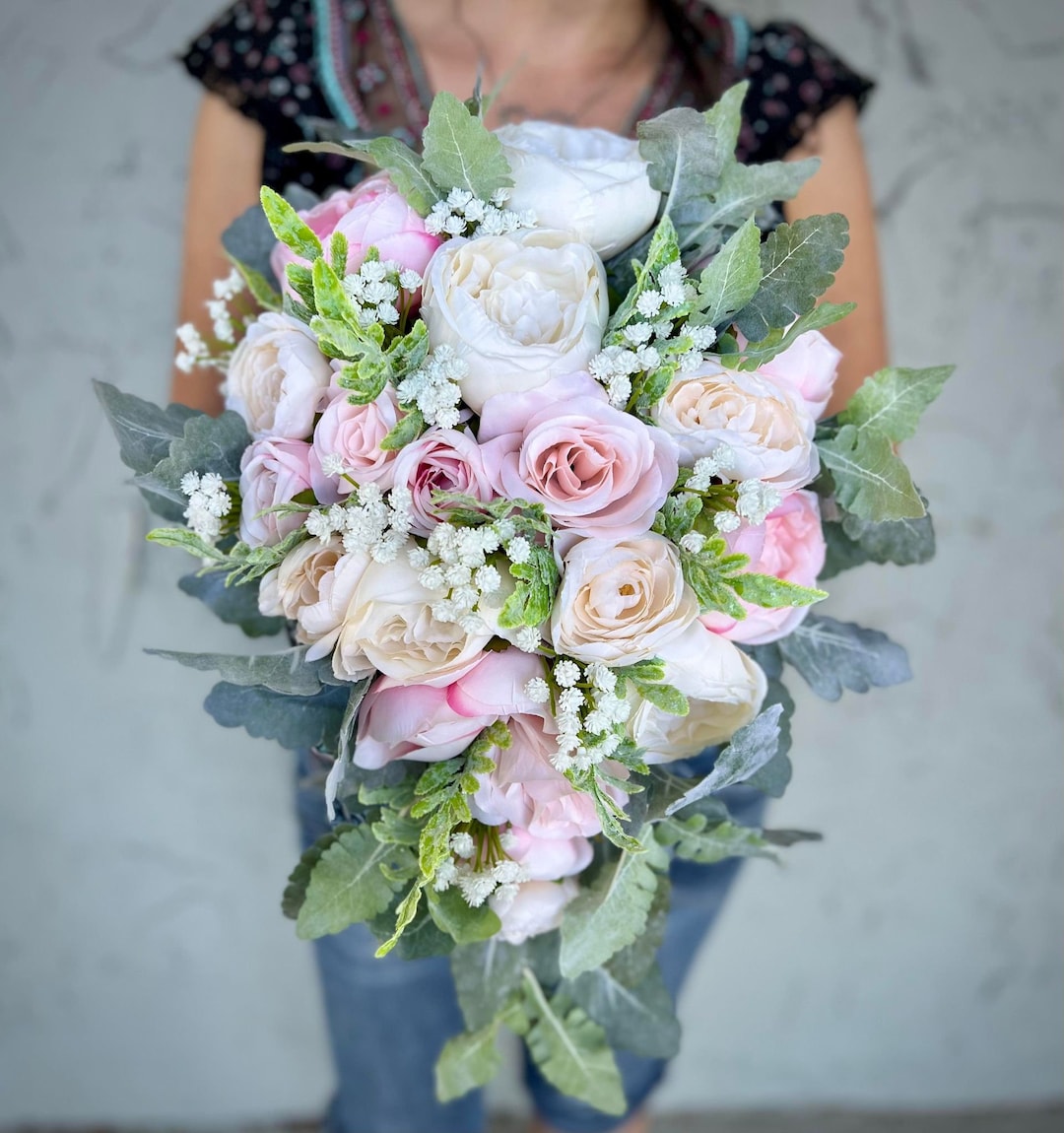 Pink Cascading Roses Blush Pink Cascading Wedding Bouquet: Roses, Ranunculus, Baby's Breath ...