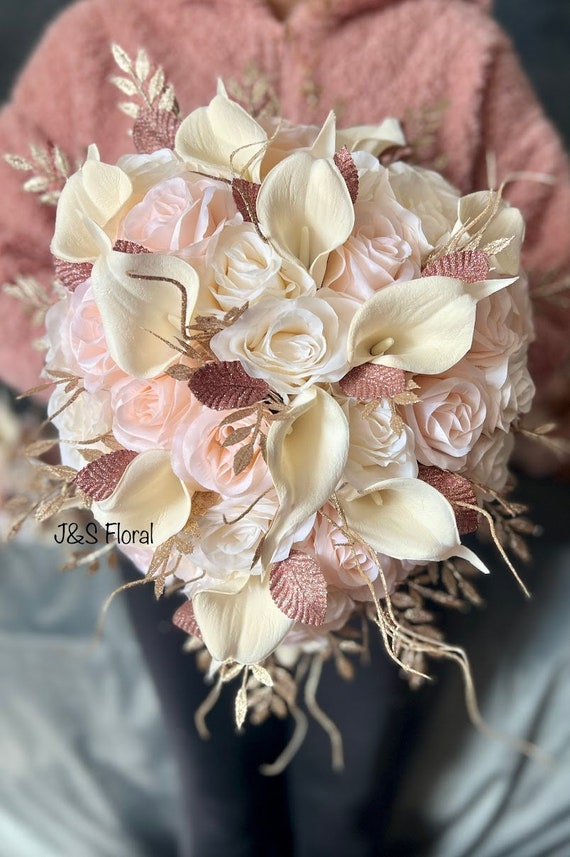 Cream Rose & Lily Wedding Bouquet: Champagne Gold Bling Bridal