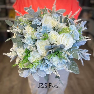 Dusty Blue White Wedding Bouquet, Light Blue Cream Bridal Bouquet, Gray Blue White Rustic Bouquet,  Lamb’s Ear Bouquet