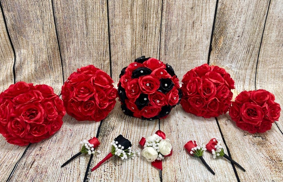 Red Black Round Bridal Bouquet, Roses Diamonds Wedding Bouquet, Romantic  Classic Bouquet,red Black White Silver Bouquet,simple Round Bouquet 