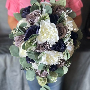 Cascading Navy Grey White Bridal Bouquet, Midnight Blue Silver Wedding Bouquet, Eucalyptus Roses Rustic Bouquet, Peonies Roses Teardrop