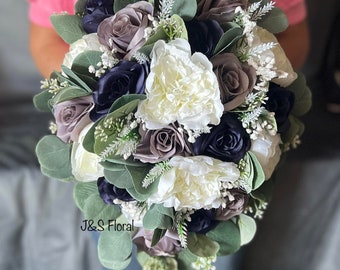 Cascading Navy Grey White Bridal Bouquet, Midnight Blue Silver Wedding Bouquet, Eucalyptus Roses Rustic Bouquet, Peonies Roses Teardrop