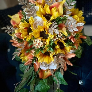 Cascading Sunflower Bridal Bouquet: Orange, Ivory & Gold Fall Wedding