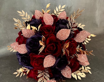 Burgundy Rose & Navy Wedding Bouquet: Gold Leaf Bridal Bouquet