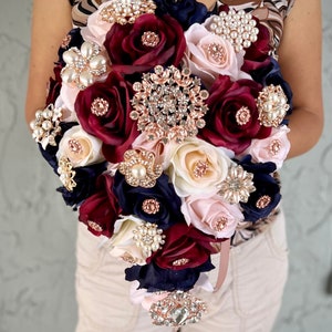 Elegant Burgundy Blush Navy Rosegold Bridal Bouquet, Luxury Wine Blue Pink Wedding Bouquet, Fancy Bouquet, Bling Jewelry Cascading Bouquet