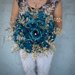 Stunning Bling Teal Gold Wedding Bouquet, Diamonds Bridal Bouquet, Gold Leaves Bouquet, Quinceanera Bling Bouquet, Glam Prom Bouquet