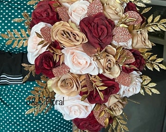 Glam Cascading Burgundy Rose Gold Blush Gold Wedding Bouquet, Teardrop Gold Maroon Pink Bridal Bouquet, Prom Bouquet, Quince sparkle Bouquet