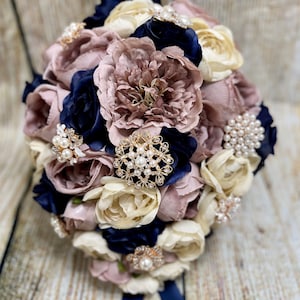 Navy Dusty Rose Ivory Cascading Wedding Bouquet,Teardrop Blue Dusty Pink Cream Peonies Roses Bridal Bouquet,Rose Gold Jewelry Blings Bouquet