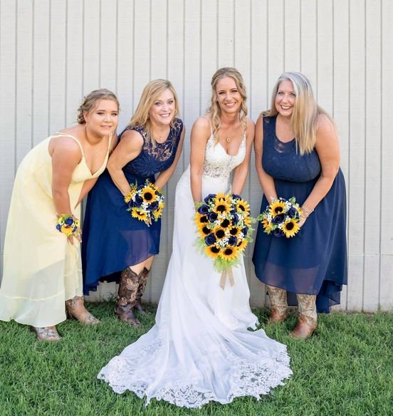 Yellow Flowers For Navy Blue Bridesmaid Dresses Cascading Sunflower Bridal  Bouquet: Navy Wedding Arbor Decor
