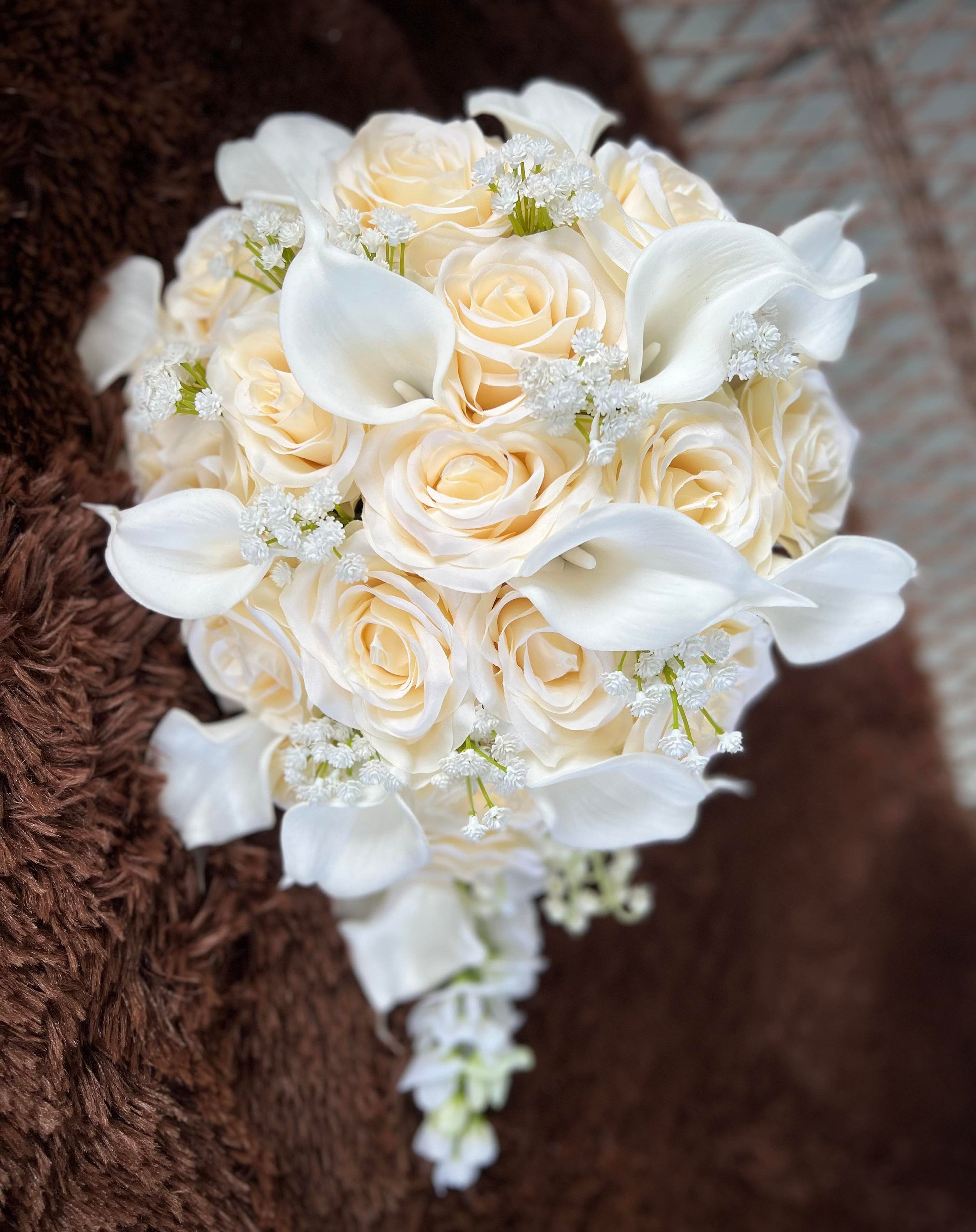 Ivory White Cascading Wedding Bouquet: Roses, Lilies, Baby's Breath - Etsy, image size:2377x3000