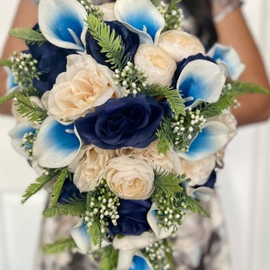 Royal Blue Cascading Wedding Bouquet: Ivory Roses & Lilies