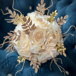 Glamorous Ivory Rose Bridal Bouquet: Gold Jewelry Accents