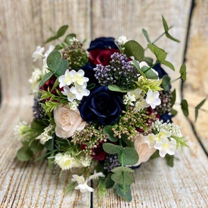 Boho Burgundy Wedding Bouquet: Navy, Blush Roses & Eucalyptus