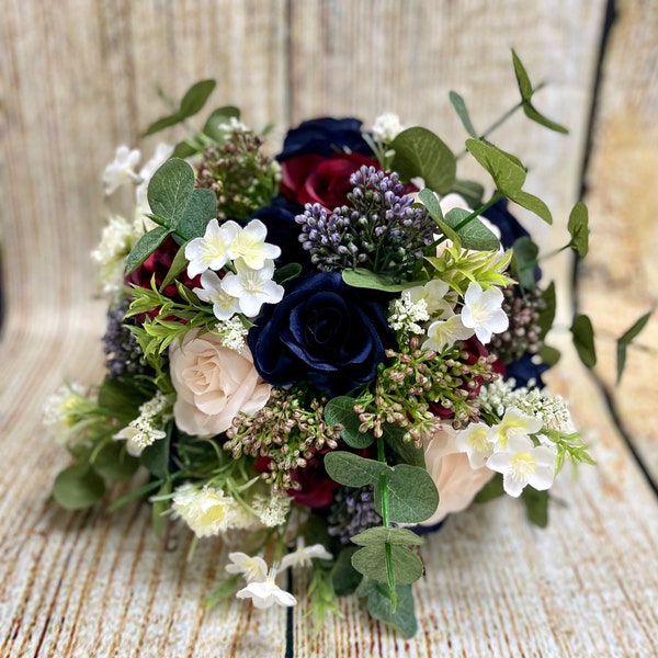 Boho Burgundy Navy Blush Pink Bridal bouquet, Messy Wine Dark Blue Wedding Bouquet,Fall Rustic Bouquet,Roses Wild Flowers Eucalyptus Bouquet