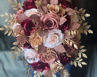 Rose Gold Wedding Bouquet, Burgundy Blush Roses, Elegant Bridal Bouquet
