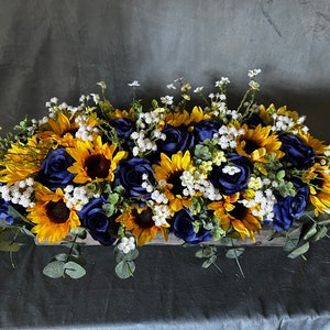 Sunflower Wedding Centerpiece: Royal Blue Barrel Arrangement