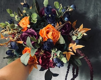 Jewel Tone Wedding Bouquet: Burgundy, Navy, Plum, and Orange Silk Flowers