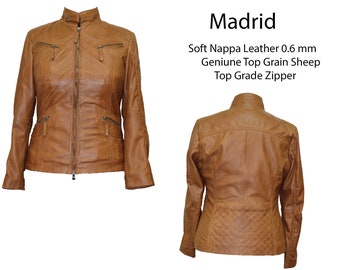 May include: A brown leather jacket with a zip-up front, multiple pockets, and a stand-up collar. The jacket is displayed from the front and back, showcasing its design and details. The text "Madrid" is visible.